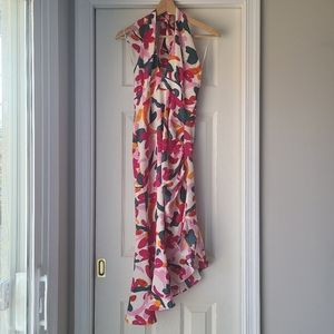 Monet Mojito Floral Asymmetrical Ruched Midi Halter Dress